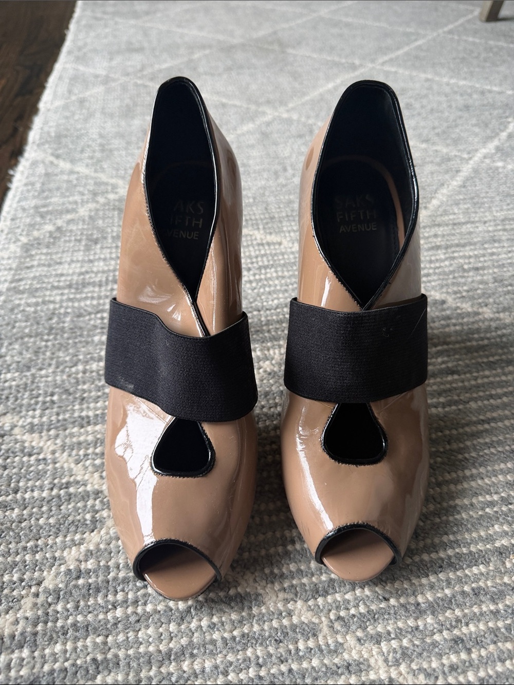 Saks Fifth Avenue Nude Patent Peep-Toe Booties with Black Elastic Strap